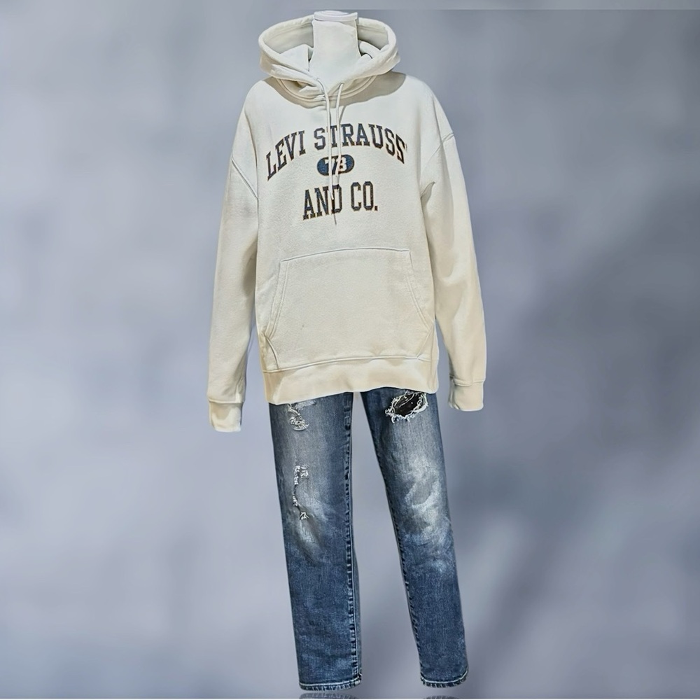 LEVI'S STRAUSS & CO. CREAM VARSITY PULLOVER HOODIE SIZE MEDIUM
